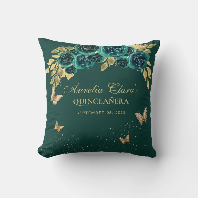 Blommande smaragd tiara fjäril Quinceanera Kudde (Framsida)
