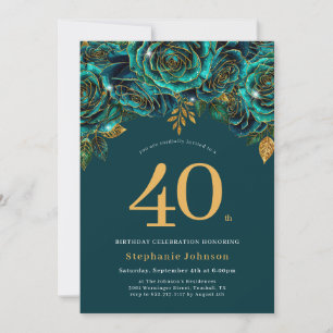 Blommande smaragdgrön och guld 40-årsdag inbjudningar