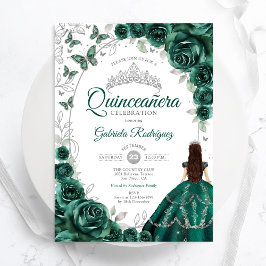 Blommande Smaragdgrön Silver Quinceanera Inbjudningar