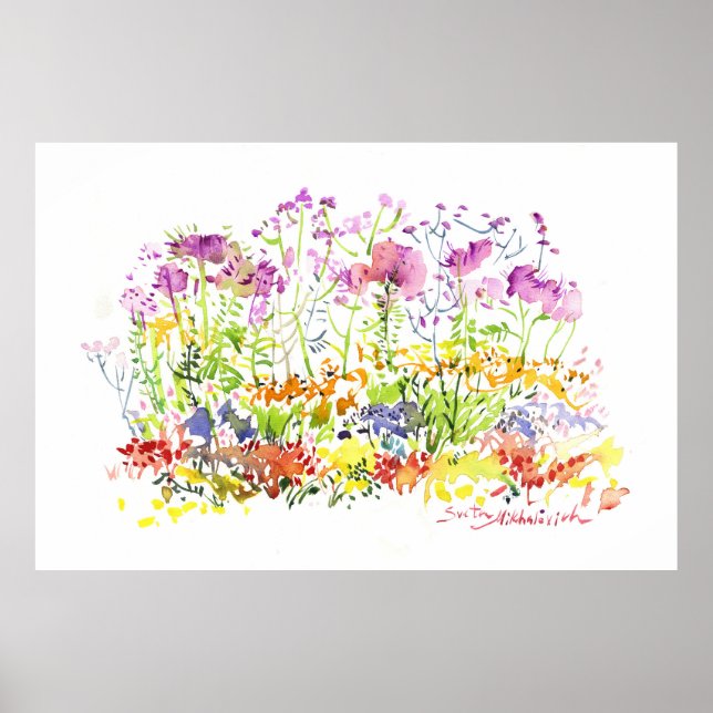 Blommande sommarsalong - Handmålad akvarell Poster (Framsidan)