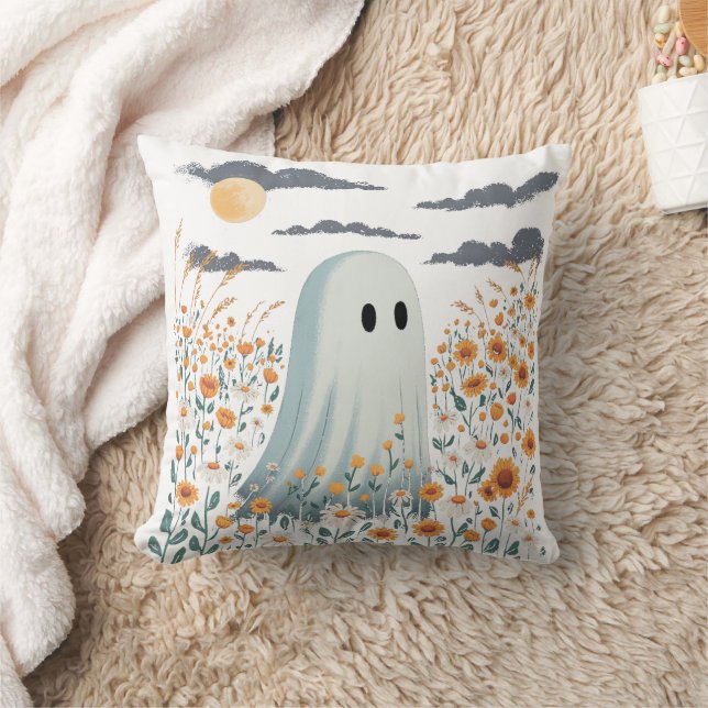 Blommande spöke | Kusligt sött Halloween Kudde (Filt)