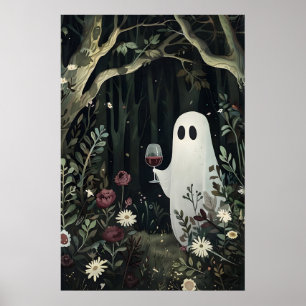 Blommande spöke med glas vin i en mystisk poster