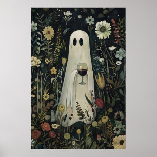 Blommande spöke med glas vin i en mystisk poster