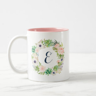 Blommande Sukkulenter Kaktus Krans Monogram Två-Tonad Mugg