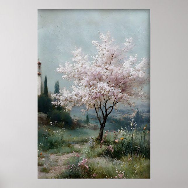 Blommande Träd Tryck, Antik Vårfält Poster (Framsidan)