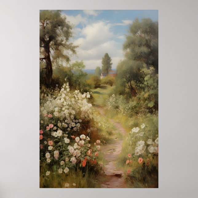 Blommande trädgårdsstig Vintage Vår, Antik Olja Poster (Framsidan)
