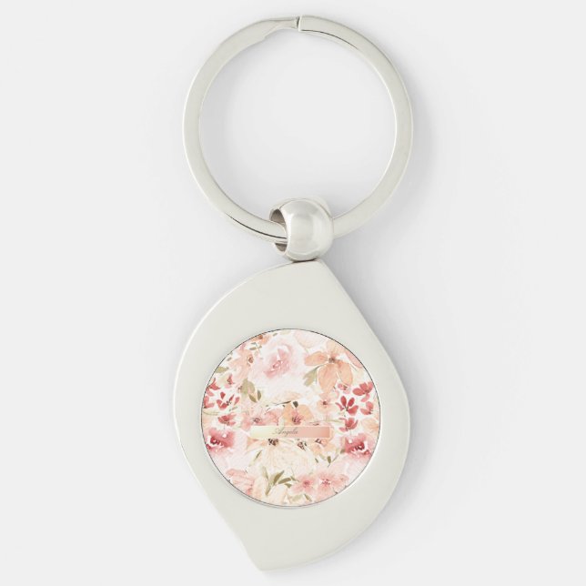 Blommande vårblommor swirl silverfärgad nyckelring (Framsidan)