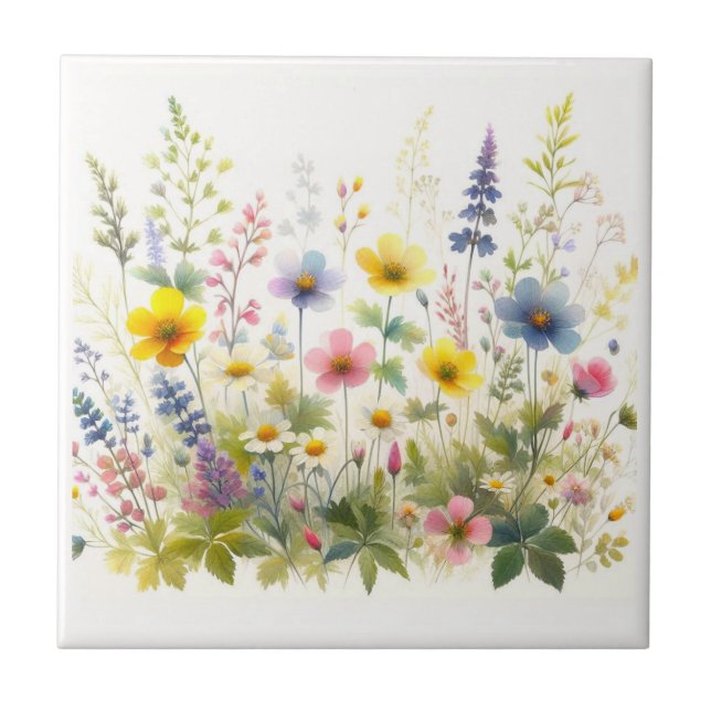 Blommande Vilda Blommor Keramisk Flis Kakelplatta (Framsidan)