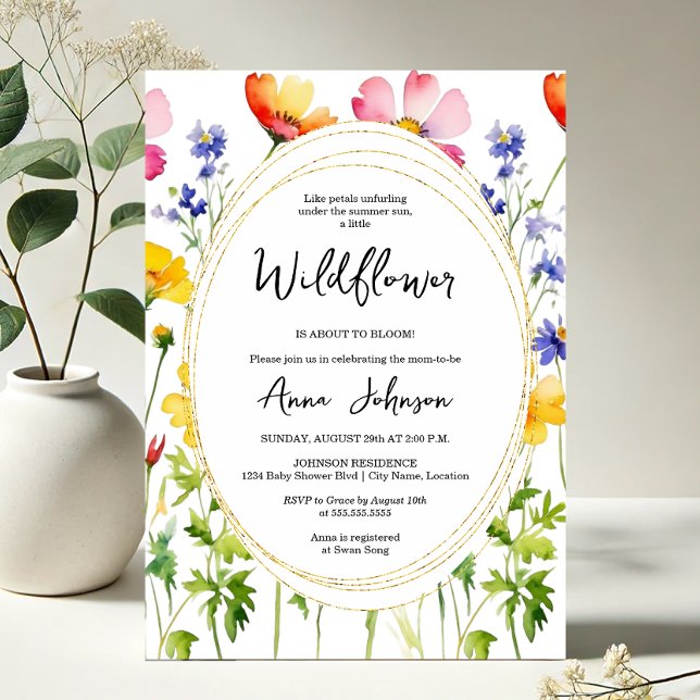 Blommande Vildblomma Barnkalas Inbjudningar (Elegant blooming wildflower baby shower invitation front view)