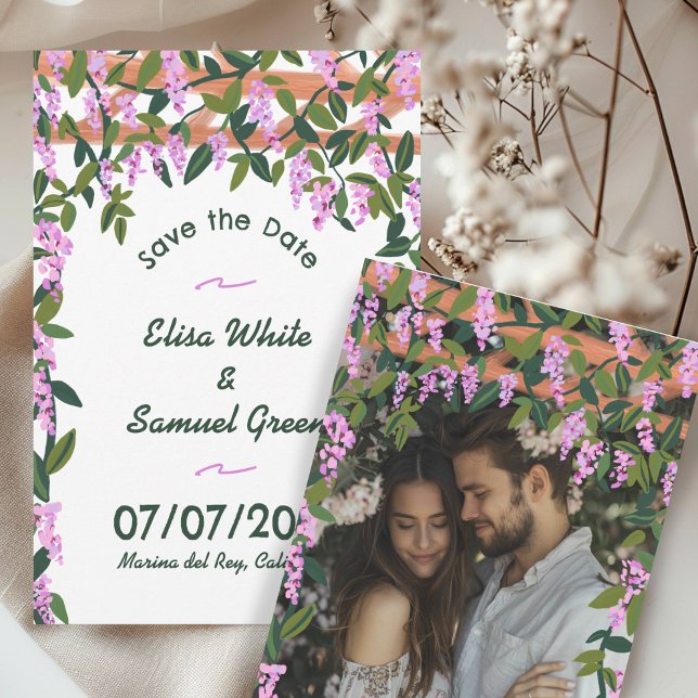 Blommande Wisteria-rankor Anpassad Foto Bröllop Spara Datumet (Wisteria Vines Floral Custom Photo Wedding Save The Date
Card Digital DOwnload)