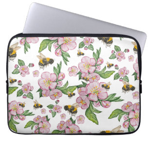 Blommar av äppelfruktodling med bin vattenfärgskor laptop fodral