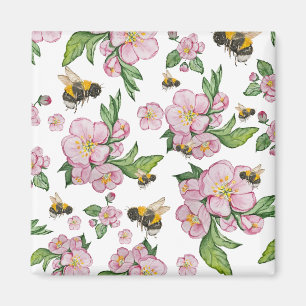 Blommar av äppelfruktodling med bin vattenfärgskor magnet