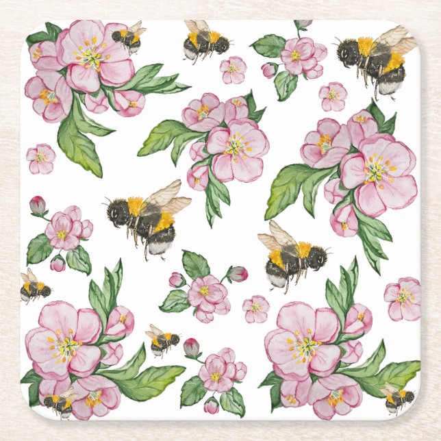 Blommar av äppelfruktodling med bin vattenfärgskor underlägg papper kvadrat (Framsidan)