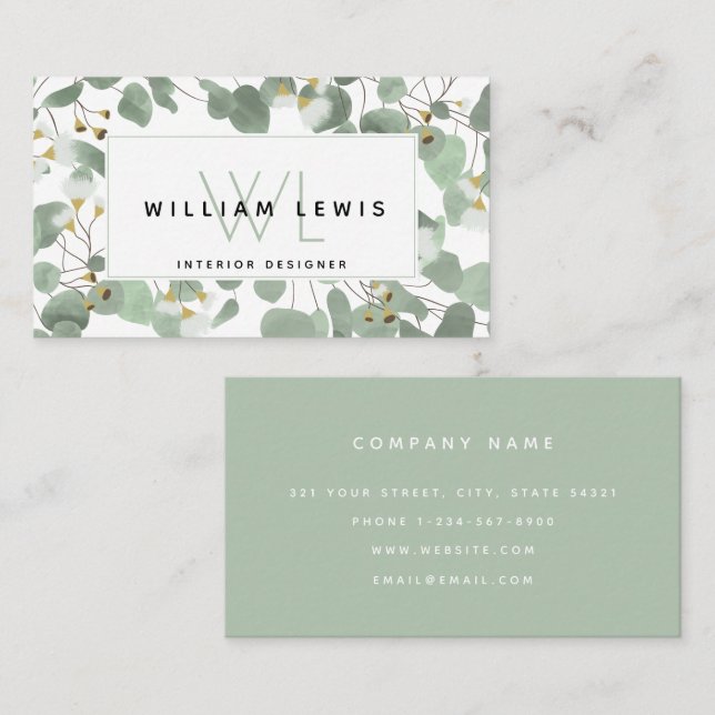 Blommar av dollargummi i Silver i eukalyptus Green Visitkort (Fram/baksida)
