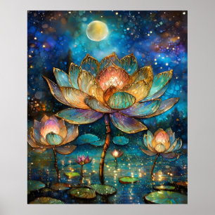 Blommar av glasaktigt Lotus i månljuset Poster