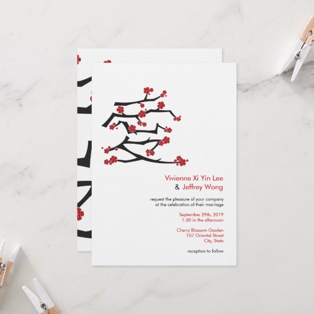 Blommar av kinesiska Ai Kärlek Cherry Red Sakura B Inbjudningar (Fram/Back In Situ)