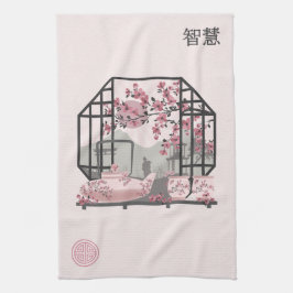 blommar av körsbär i rosa, asiatisk grafik kökshandduk