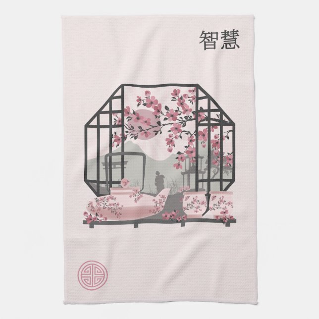 blommar av körsbär i rosa, asiatisk grafik kökshandduk (Vertikal)