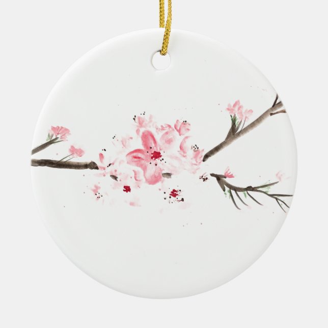Blommar av körsbär, vattenfärg julgransprydnad keramik (Framsidan)