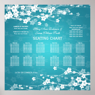 Blommar av körsbärsdiagram i elegant bröllop, blå poster