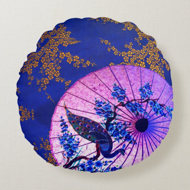 Blommar av peacock oriental parasol japanese cherr rund kudde (Framsidan)