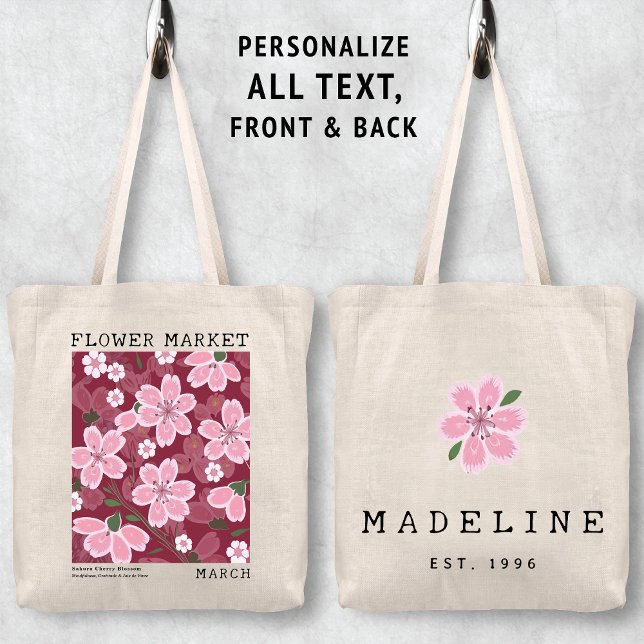 Blommar av Sakura Cherry mars Flower Market Tygkasse (Personalized March Birth Flower Market Tote Bag, Custom Name Bag, Bachelorette Bridesmaid Gifts )