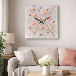 Blommar av vattenfärgen Cherry Mjuk Blommigt Art Fyrkantig Klocka