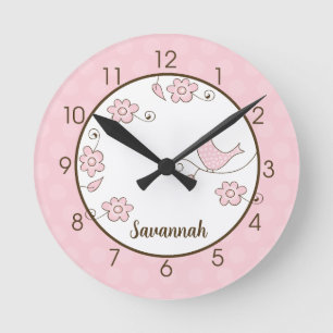 Blommar Bird (Rosa) Wall Clock - Lägg till en Namn Rund Klocka