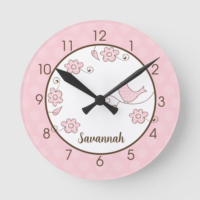 Blommar Bird (Rosa) Wall Clock - Lägg till en Namn Rund Klocka (Framsida)