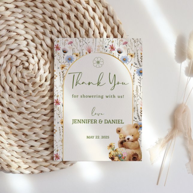 Blommar Blek Cream Playful Nalle Baby Shower Tack Kort (Skapare uppladdad)