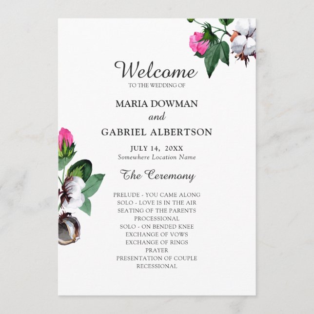 Blommar bomullsblomma. Botaniska Bröllop Program (Framsida)