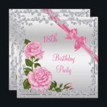 Blommar Bows & Diamonds 18:e födelsedagssidans Dub Inbjudningar<br><div class="desc">Fin anpassningsbar 18 födelsedagsfest inbjudan för kvinnor. Elegant, glamorös och sofistikerad anpassningsbar personlig 18:e födelsedagsfest inbjudan med en söt romantisk hörnbukett visning av rosa blommor och grönenergi, en glänsande silke av rosa och en chic, trendig glitz och glam gräns ram av bläddrande nosjuveldiamanter bilder tryckt på en bedövande grå silver...</div>