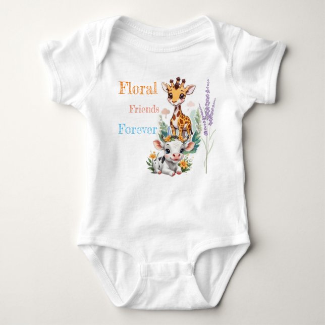 Blommar Buddies: Baby Giraffe och Cow with Flowers T Shirt (Framsida)