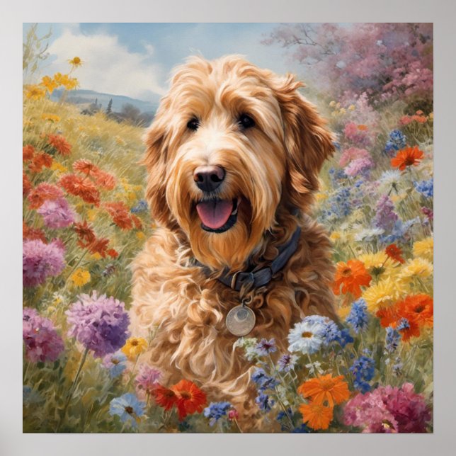 Blommar Buddy: A Goldendoodles Blommigt Paradise Poster (Framsidan)