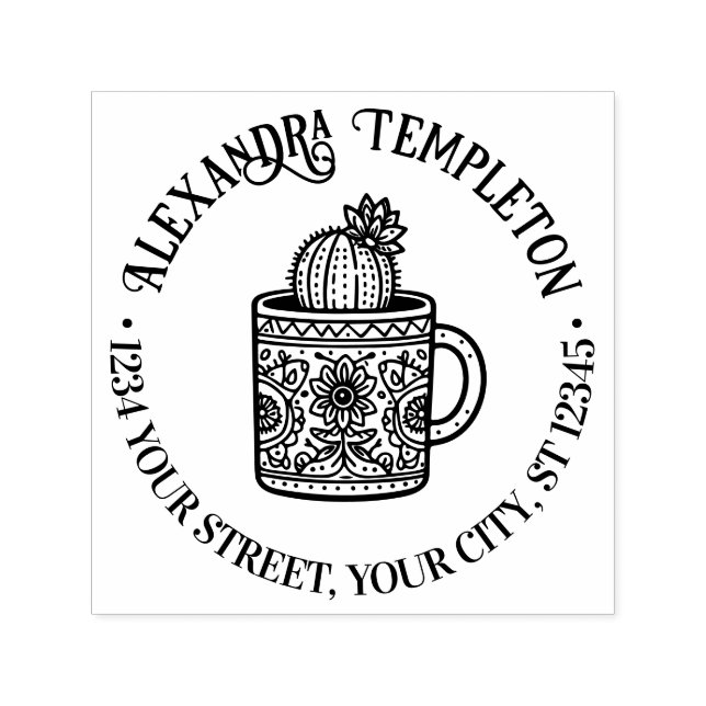 Blommar Cactus Coffee Kopp #1P Namn Ret Adress Självfärgande Stämpel (Design)