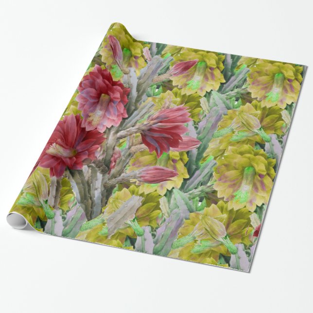 BLOMMAR CACTUS,RED ROSA GULA BLOMMOR Blommigt Presentpapper (Utrullad)