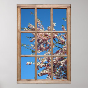Blommar Cherry Träd View från en Window Poster