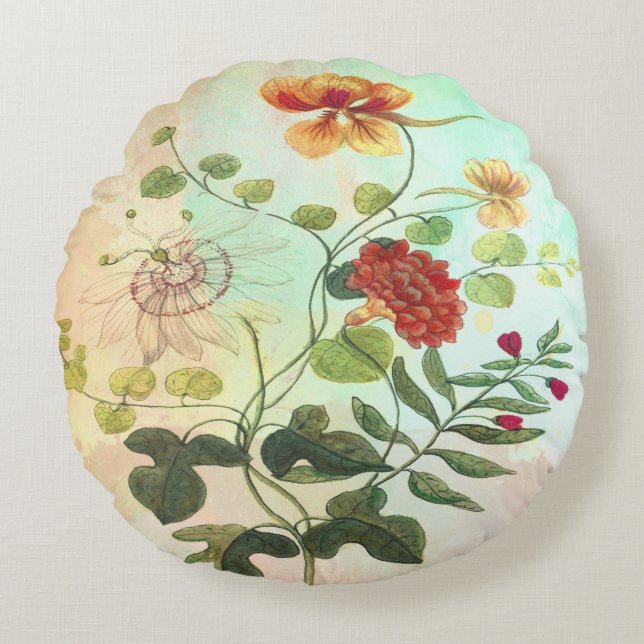 Blommar den blom- botaniska illustrationen för rund kudde (Framsidan)