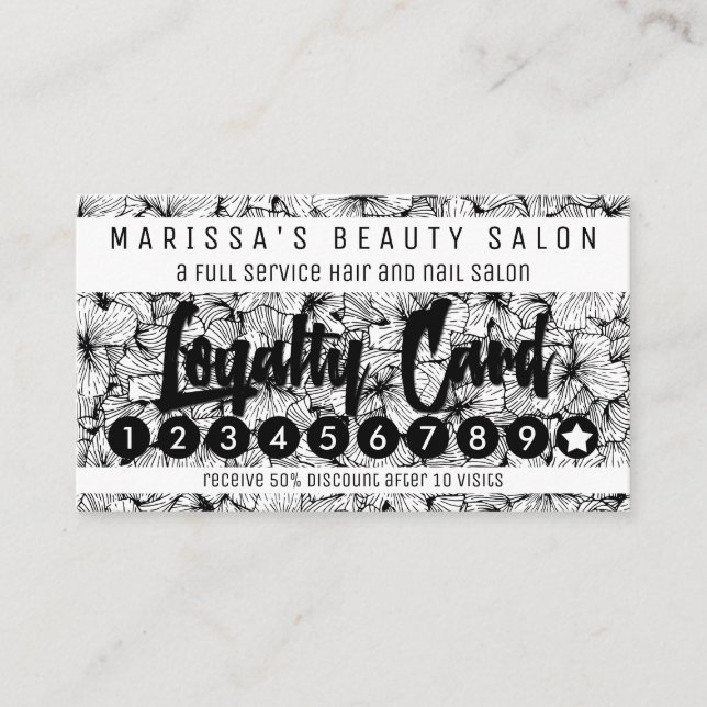 Blommar den moderna hand plockade för svart vit lojalitetskort (Framsida)