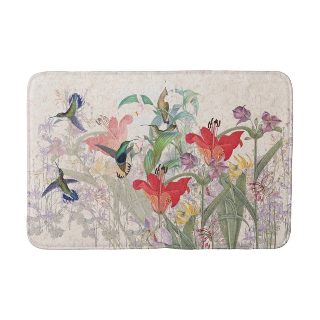 Blommar den röda liljan för Hummingbirdfåglar Badrumsmatta (Framsidan)
