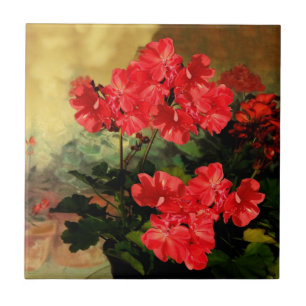 Blommar den röda pelargonen för antik stil gåvo kakelplatta