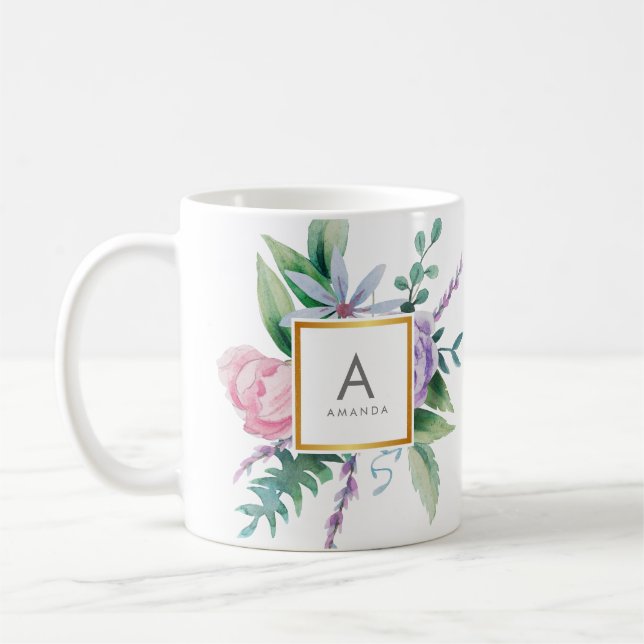 Blommar den rosa purpurfärgade pionen för den chic kaffemugg (Vänster)
