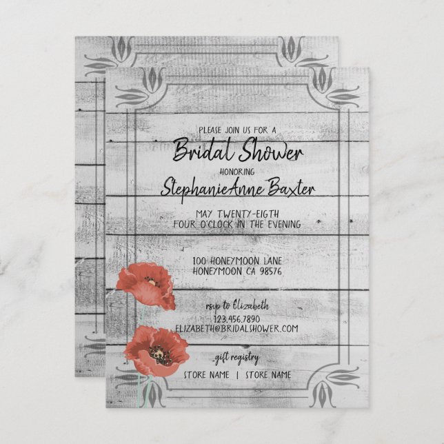 Blommar den Wood vallmon för lantlig vit Inbjudningar (Fram/baksida)