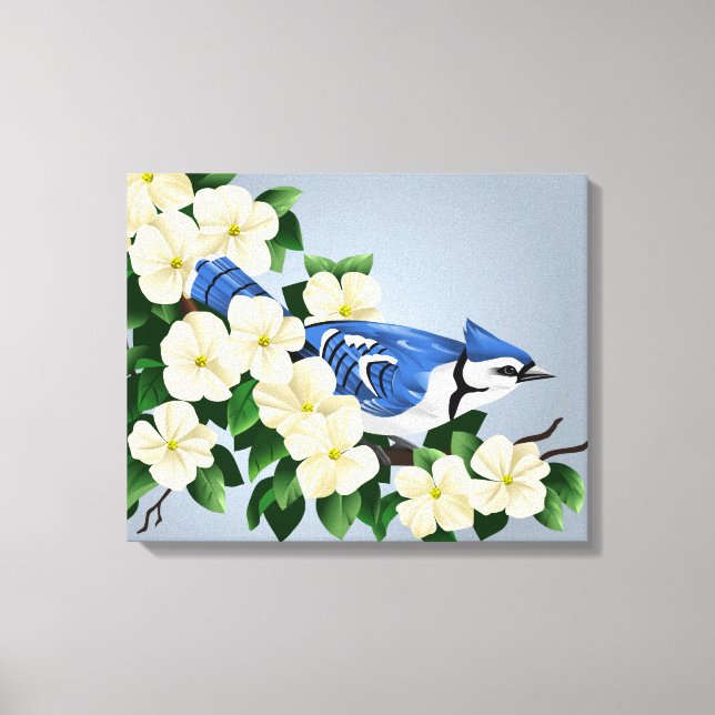 Blommar Dogwood med Blue Jay Bird Canvastryck (Framsida)