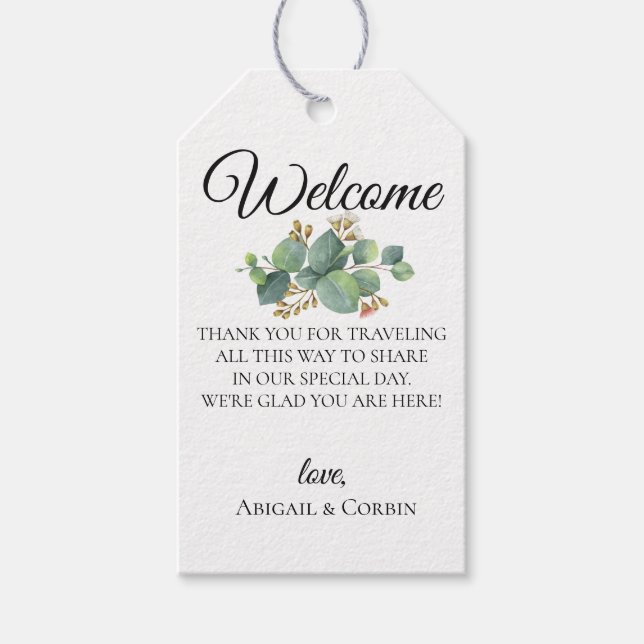 Blommar Eucalyptus Bröllop Welcome Bag Presentetikett (Framsidan)