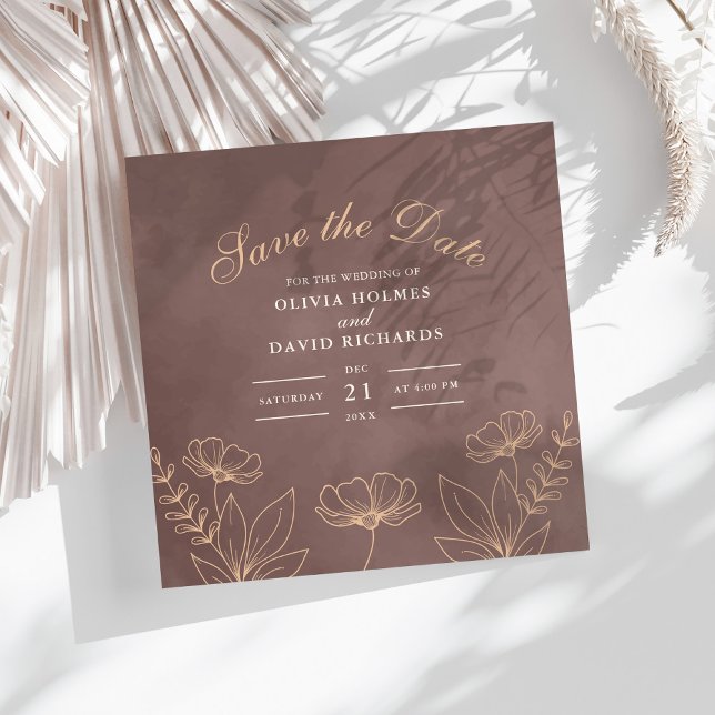 Blommar för ändrad Neutralt sparar datumkortet Spara Datumet (Enchanted Neutral Blossoms Save The Date Card on a white boho table with dry palm leaf.)