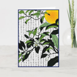 Blommar för asiatisk Orange på Kanji-bakgrund Tack Kort
