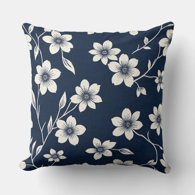 blommar för blått och vitt körsbär - Blocktryck st Kudde (Framsida)