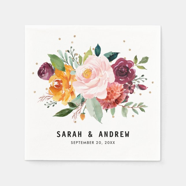 Blommar för  Blommigt i hösten, Burgundy, Bröllop Pappersservett (Framsidan)