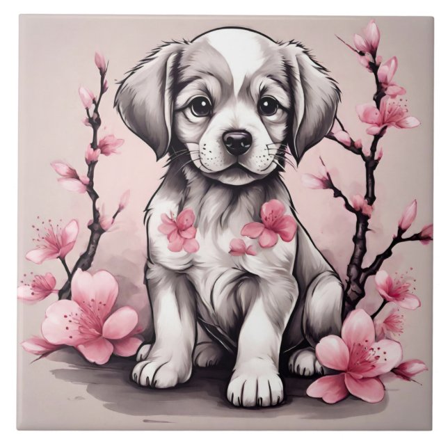 Blommar för Cute Puppy och Rosa Cherry Kakelplatta (Framsidan)